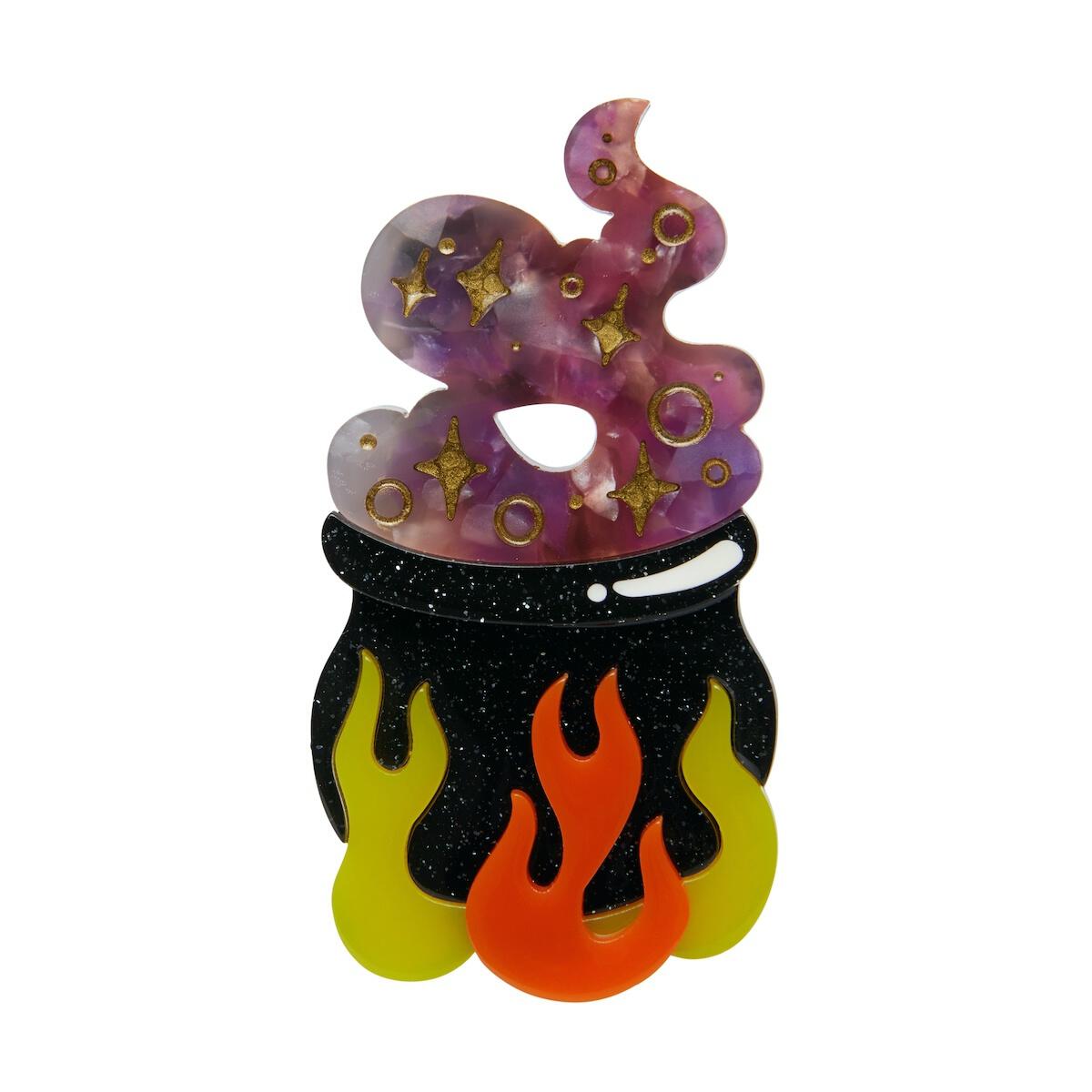 "Cauldron Chitter Chatter" witch's brew in a glitter-y black cauldron over flames layered resin brooch