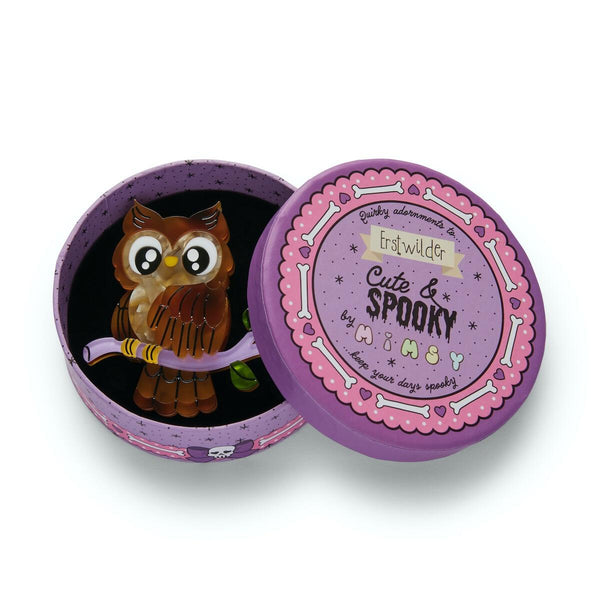  "Owl Eyes on You" big-eyed brown owl on a lavender branch layered resin brooch, shown in illustrated round box packaging