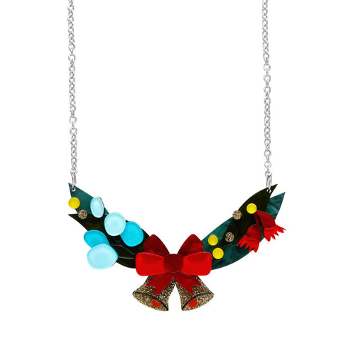 An Australian Christmas Collection "Wreath Down Under" layered resin gold glitter bell, red bow, and greenery statement necklace