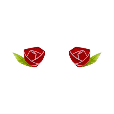 pair red rose with green leaf layered resin post earrings
