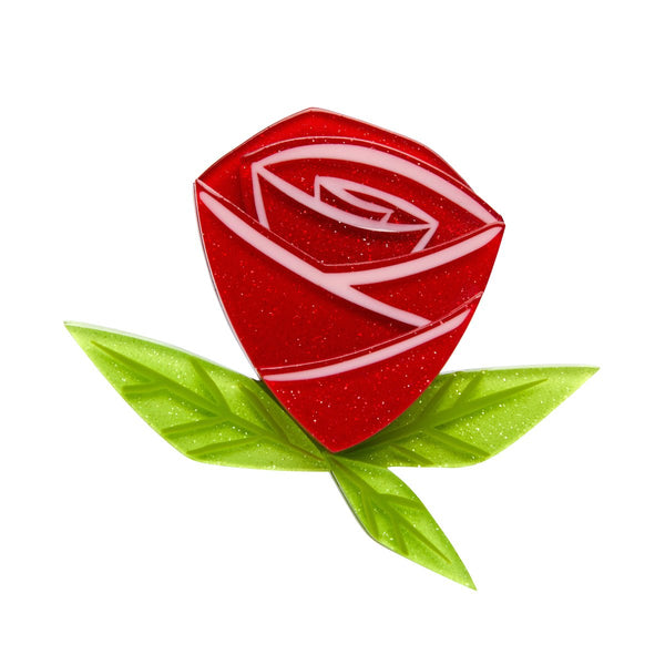 red rose with green leaves layered glitter resin brooch