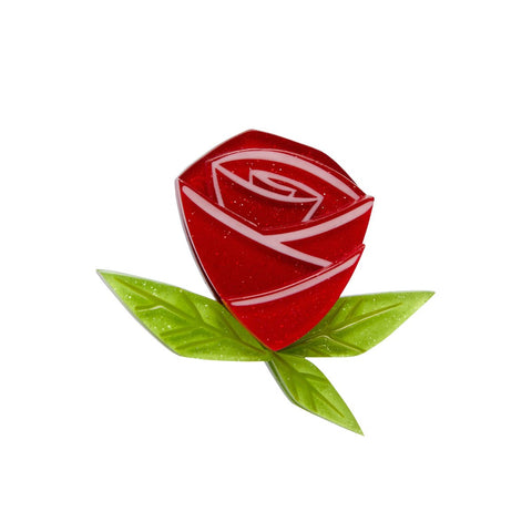 red rose with green leaves layered glitter resin brooch