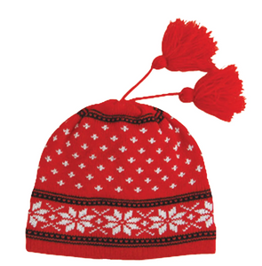 red, black, and creamy white jacquard knit beanie hat with fleur de lys pattern body and snowflake design stripe border, topped with two dangling red tassels