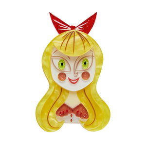 A Curiouser & Curiouser Alice blond hair with red bow and green eyes layered resin brooch