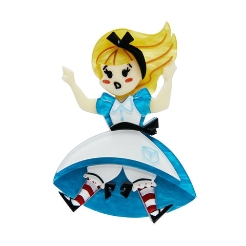 Alice Down the Rabbit Hole wearing blue dress white pinafore layered resin brooch