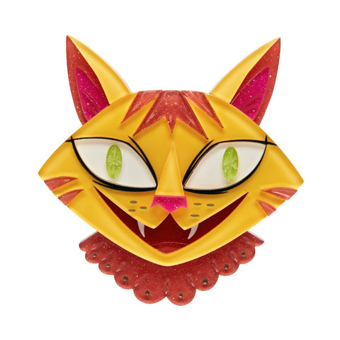 The Cheshire Cat yellow and pink with green eyes layered resin brooch