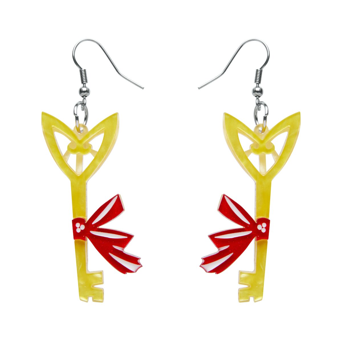 pair golden yellow key with red ribbon layered resin dangle earrings