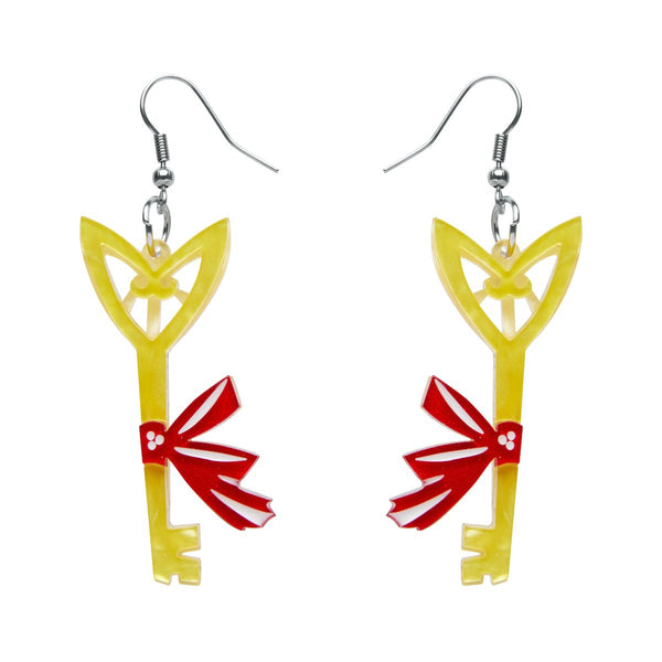 pair golden yellow key with red ribbon layered resin dangle earrings