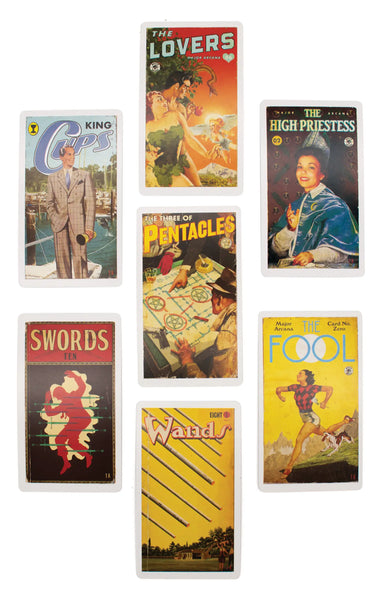Examples of seven of the cards in the deck, illustrated in the style of vintage pulp paperback book covers