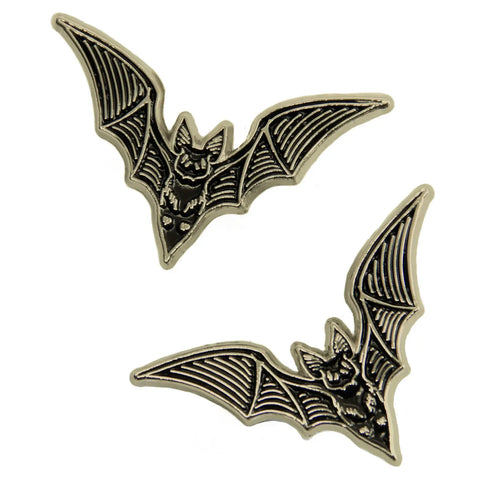 Bat black detailed enameled gold metal clutch-back pin set to fit on collar points. Original design by artist Ectogasm.