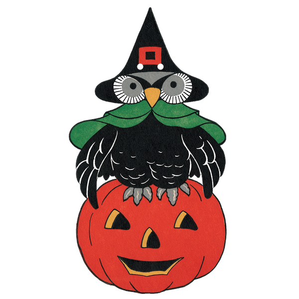 An owl wearing a witch hat and green cape sitting atop a jack-o’-lantern 