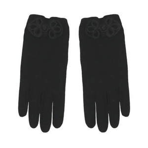 black brushed fiber stretch gloves with ornamental black cording button & loop "frog" fastener at the wrist