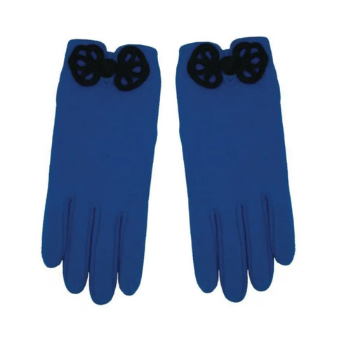 royal blue brushed fiber stretch gloves with ornamental black cording button & loop "frog" fastener at the wrist