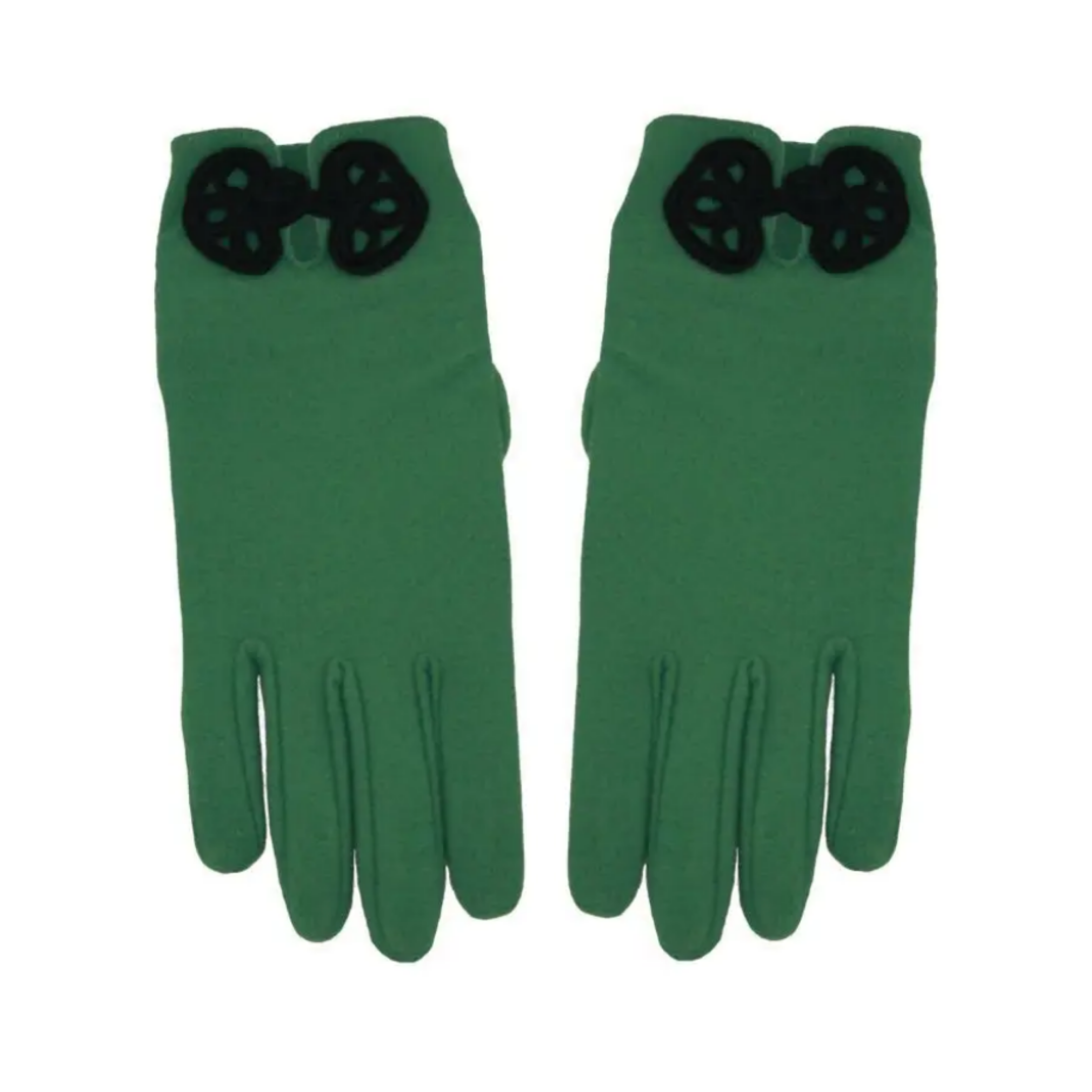 green brushed fiber stretch gloves with ornamental black cording button & loop "frog" fastener at the wrist
