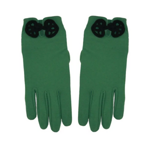 green brushed fiber stretch gloves with ornamental black cording button & loop "frog" fastener at the wrist