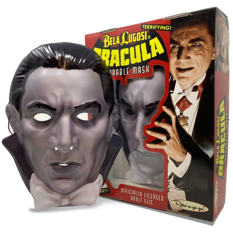 A fully wearable mask of Bela Lugosi as Dracula in black and white next to its packaging