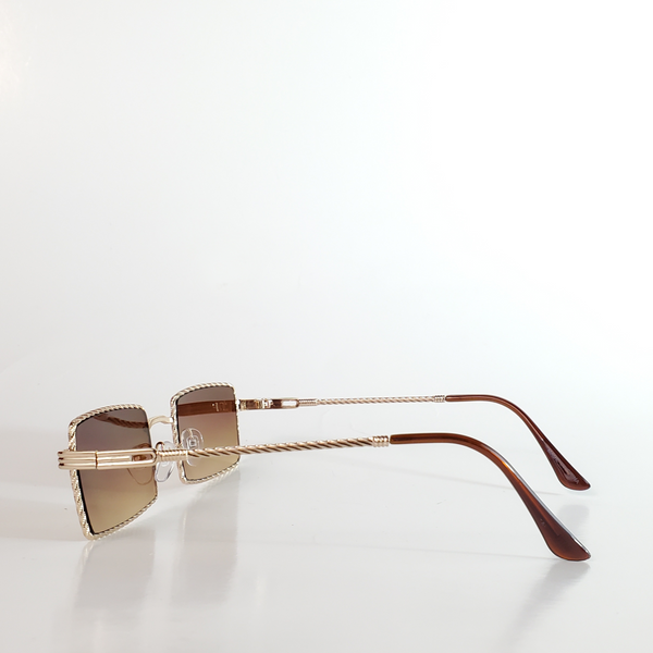 Textured bright gold metal rectangular frame sunglasses with deep brown lenses