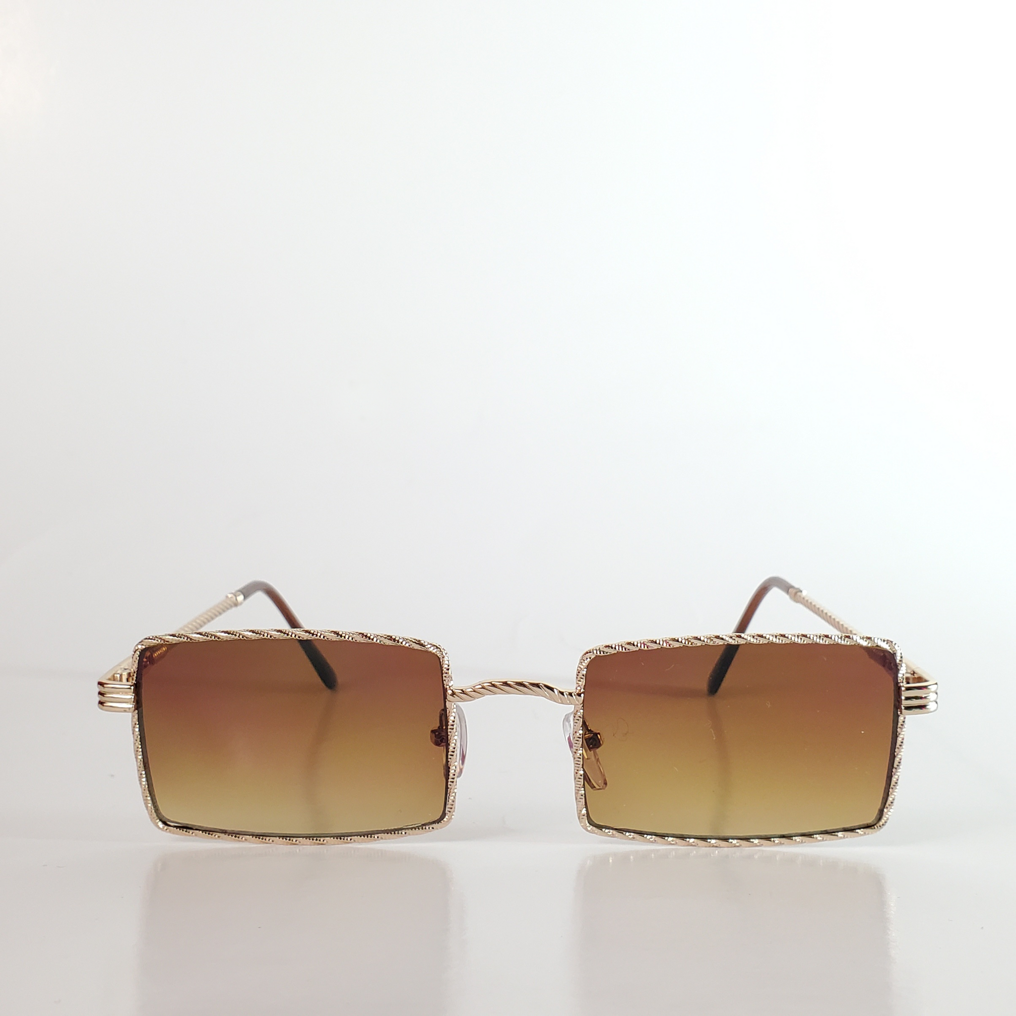 Textured bright gold metal rectangular frame sunglasses with deep brown lenses