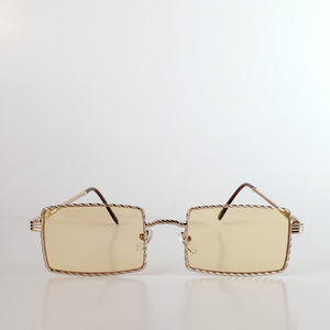 Textured bright gold metal rectangular frame sunglasses with light tan lenses