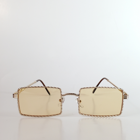 Textured bright gold metal rectangular frame sunglasses with light tan lenses