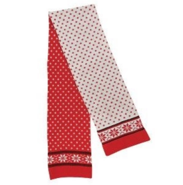 Cozy red, black, and creamy white jacquard knit scarf with fleur de lys pattern body and snowflake design stripe at the ends