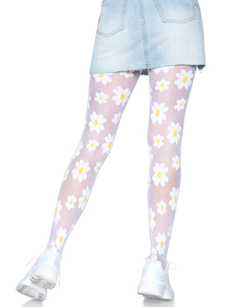 Sheer white spandex tights with woven in allover retro white & yellow daisy pattern, shown on model
