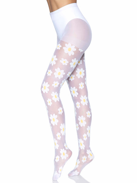 Sheer white spandex tights with woven in allover retro white & yellow daisy pattern, shown on model