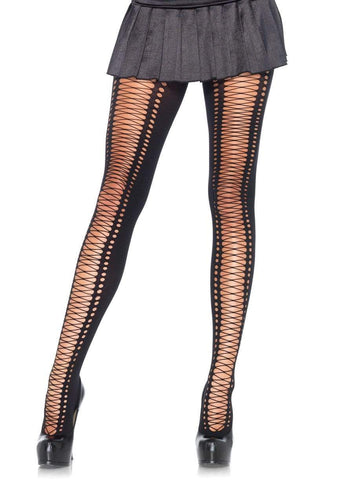 Opaque black tights with open faux lace-up front