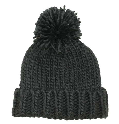 black chunky knit cuffed beanie hat with pom-pom topper