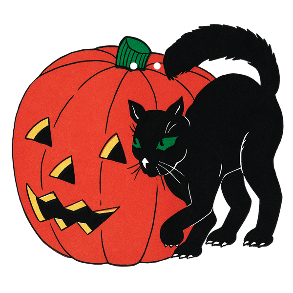 A black cat with green eyes standing next to a a large orange jack-o’-lantern with an open mouth