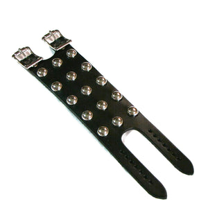 thick leather adjustable studded cuff with 3 rows of silver metal dome studs and double heavy duty silver metal buckle closures. Shown flat
