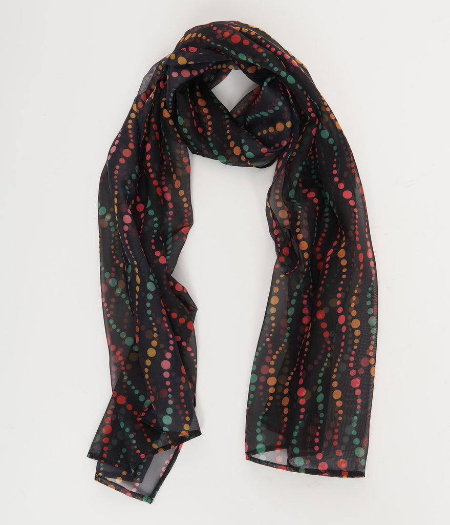 Vintage inspired semi-sheer black and swirling green, red, pink, and yellow dot patterned chiffon rectangular scarf