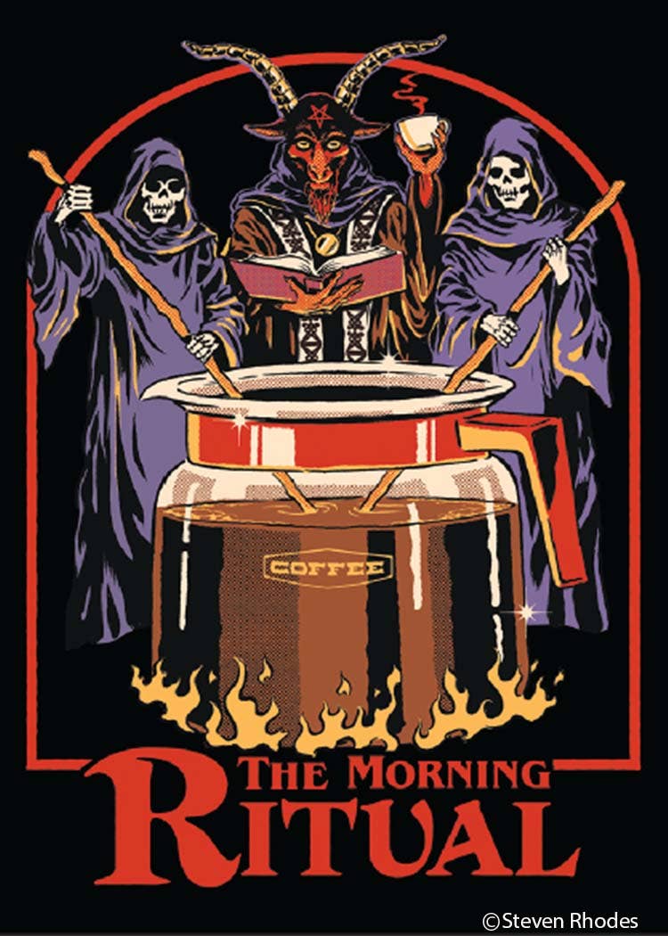 Steven Rhodes' "The Morning Ritual" coffee worship illustrated 2.5" x 3.5" rectangular refrigerator magnet