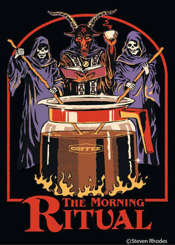 Steven Rhodes' "The Morning Ritual" coffee worship illustrated 2.5" x 3.5" rectangular refrigerator magnet