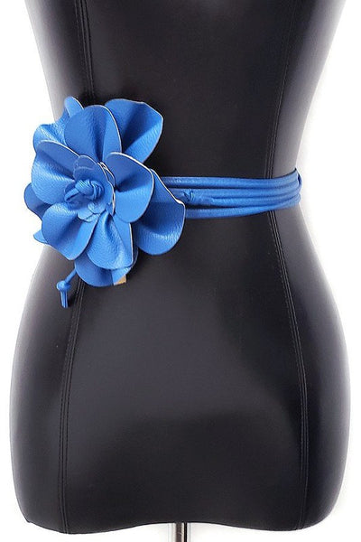 6" royal blue faux leather flower belt with 2 59" faux leather ties for fastening, shown on mannequin 