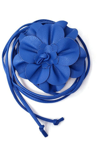 6" royal blue faux leather flower belt with 2 59" faux leather ties for fastening