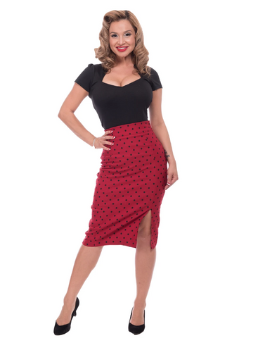 red and black polka dot high-waisted stretchy pencil skirt with front slit, shown on model
