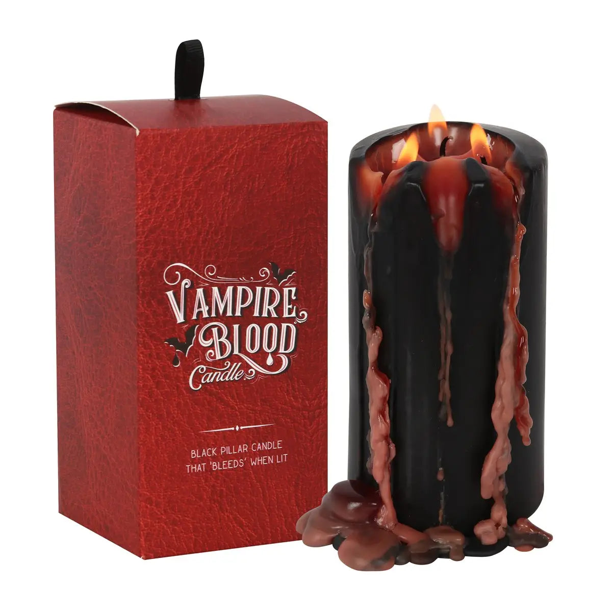A large black pillar candle that drips bloody red when lit. Shown next to its gift box packaging