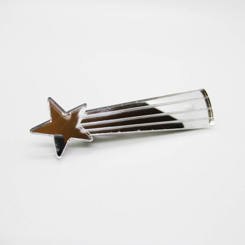 Shiny mirrored silver laser-cut acrylic 3" x 7/8" shooting star hair clip