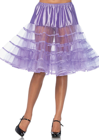 26" length fluffy layered tulle crinoline petticoat in lavender purple, shown on model