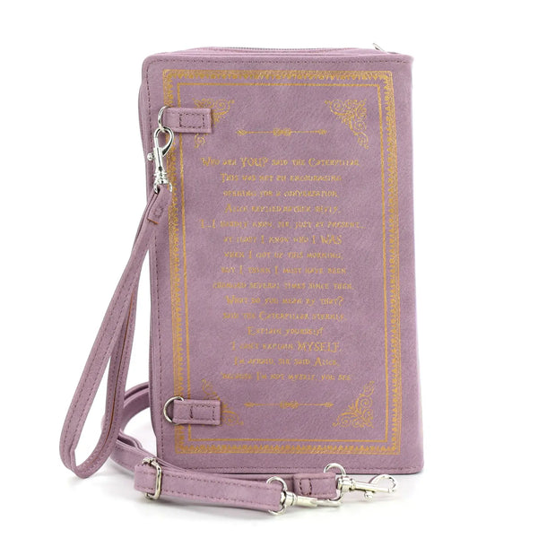 textured lavender faux leather with metallic gold and plum-y purple print book-shaped "Alice in Wonderland" clutch purse with detachable wristlet and crossbody straps, showing back view