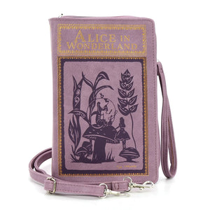 textured lavender faux leather with metallic gold and plum-y purple print book-shaped "Alice in Wonderland" clutch purse with detachable wristlet and crossbody straps