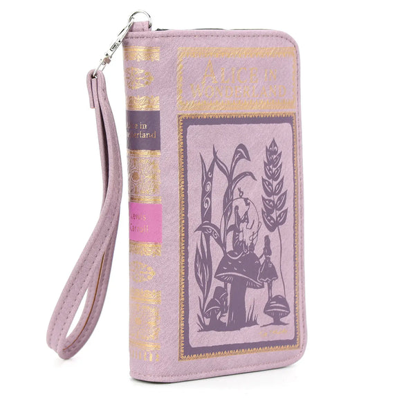 textured lavender faux leather with metallic gold and plum-y purple print book-shaped "Alice in Wonderland" wallet