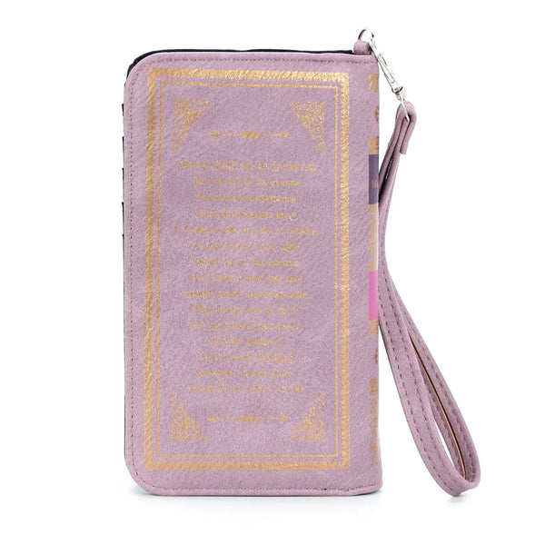 textured lavender faux leather with metallic gold and plum-y purple print book-shaped "Alice in Wonderland" wallet, showing back view