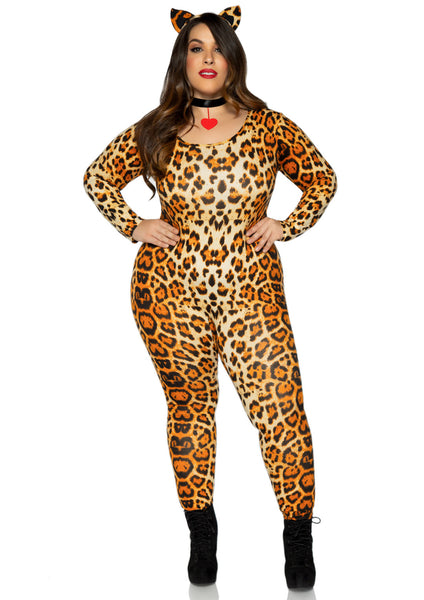 leopard print knit scoopneck long sleeve catsuit with attached posable tail and cat-ear headband, shown on model