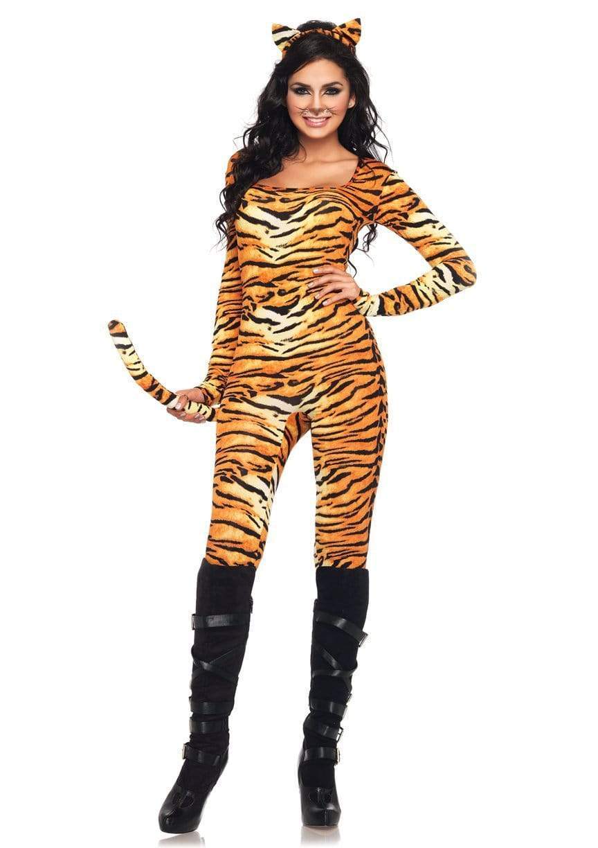 tiger print knit scoopneck long sleeve catsuit with attached posable tail and cat-ear headband, shown on model