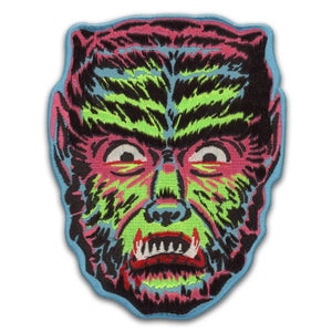 "Shock Wolf" pink, green, blue, red, and black face 70s Halloween costume-inspired 4" x 5" embroidered patch