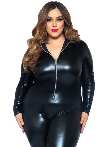 shiny black Stretch-Lamé long sleeve catsuit with silver metal zip front closure, shown close up on model