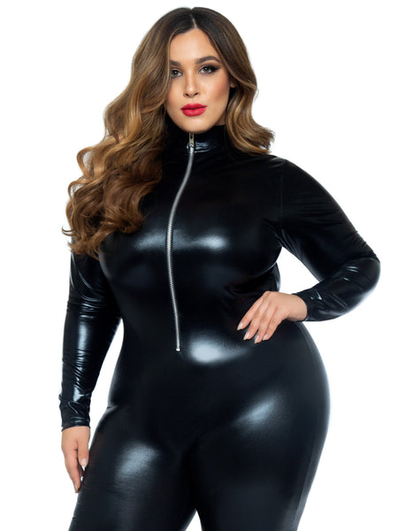 shiny black Stretch-Lamé long sleeve catsuit with silver metal zip front closure, shown close up on model