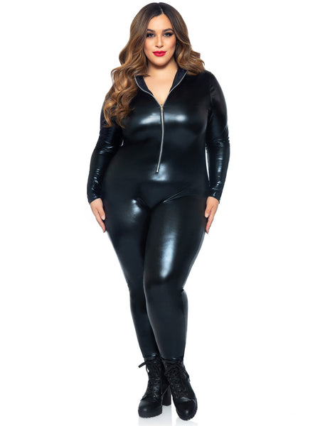 shiny black Stretch-Lamé long sleeve catsuit with silver metal zip front closure, shown on model